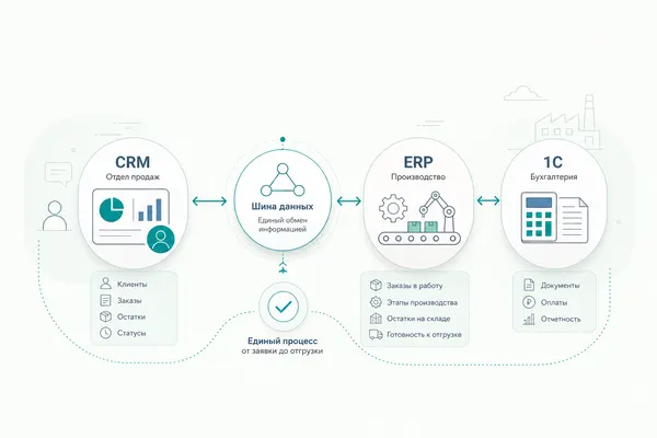 Как производственная компания объединила CRM, ERP и 1С для ускорения обработки заказов